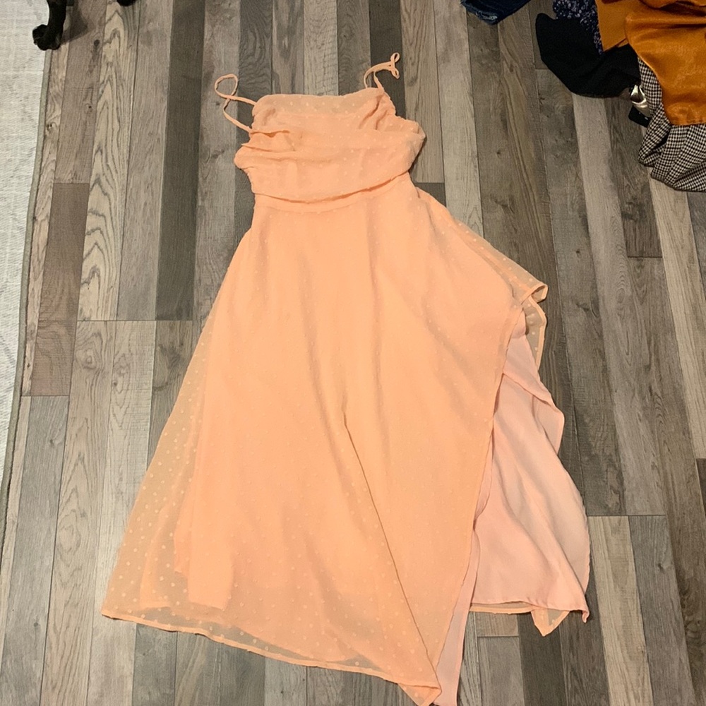 peach polka dot ruched top asymmetrical  slit dress